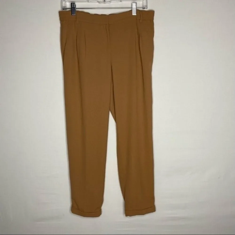 Bar III Pants Women's M Brown Camel Pleated Front Mid Rise Elastic Waist Cuffed